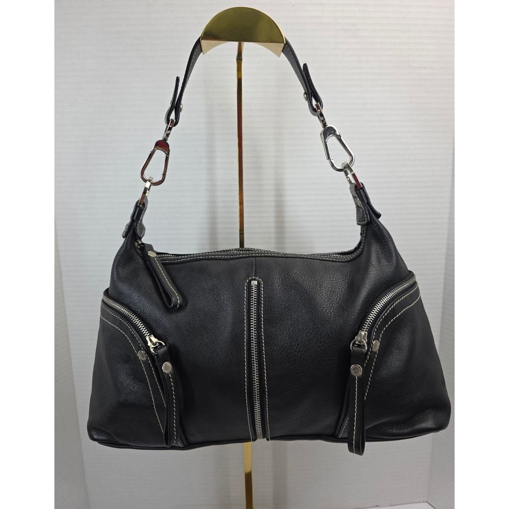 Longchamp Black Leather Hobo Bag White Stitching Multi Zip Shoulder Bag